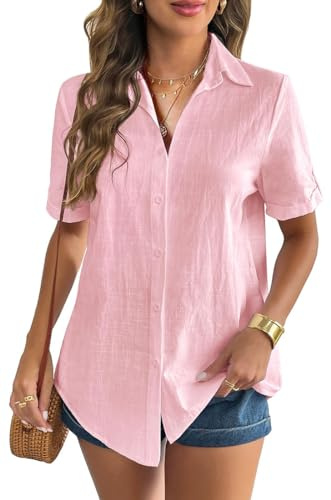 WINKEEY Chemisier Femme Élégant en Lin à Manche Courte Blouse Chic d'été Col V Top Léger avec Boutonss, Rose XL