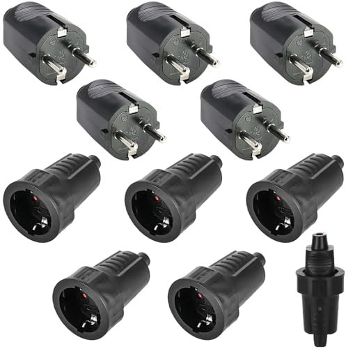 5 Paar Schuko Stecker Kupplung, 250V 16A IP54 Schutzkontakt Stecker, 2-polig Gummi Schukokupplung Set, Aussen Wasserdicht Schwarz Schukostecker und Gummikupplung ohne Kabel