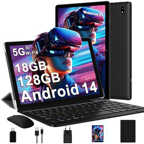 DMOAO Tablet 10 Pulgadas Android 14 con 5G Wi-Fi 6, FHD Tablet con 18 GB RAM + 128 GB ROM (Ampliable a 1TB), Widevine L1, 8 Cores, BT 5.0, 6000mAh, USB-C, Teclado + Ratón + Funda, Nero
