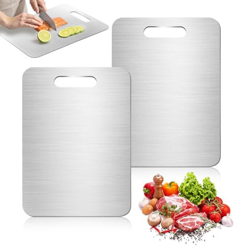 Set di 2 taglieri in titanio, doppio lato, per alimenti, facile da pulire, in acciaio inox, S316, per carne, pane, verdura e frutta