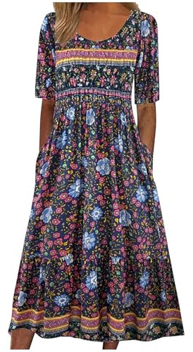 Boho Dresses for Women UK Clearance Italian Short Sleeve Button V Neck Dress with Pocket Ladies Floral Casual Sundress Elegant Swing Midi Dress Loose Pullover Lounge Dresses Beach Holiday Sundress