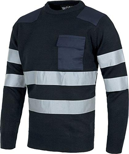 WORKTEAM Jersey con 2 Cintas Reflectantes para Trabajo, Punto Grueso, Ideal para Frío (520gr/m2), Refuerzos en Hombros y Bolsillo en Pecho, Unisex Marino XL