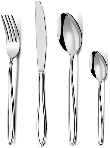 Pleafind - Set di posate da 48 pezzi, in acciaio inox, per 12 persone, con cucchiaio, coltello e forchetta, lucidato a specchio, lavabile in lavastoviglie, set di posate per casa e cucina