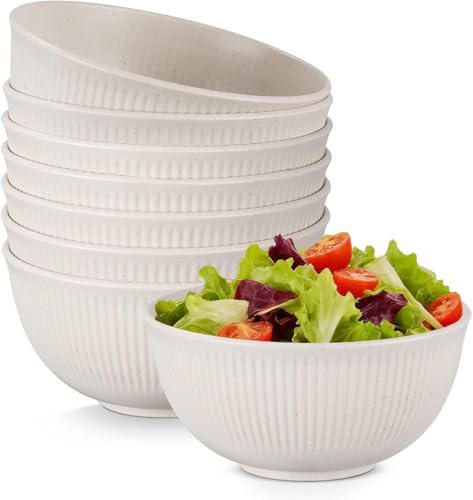 Ulrikco 8-Piece Unbreakable Plastic Bowls Set - Beige Cereal Bowl Soup Bowls for Adults & Kids Safe for Dishwasher & Microwave, Reusable Serving Bowls for Kitchen, Camping, Parties (655ML)