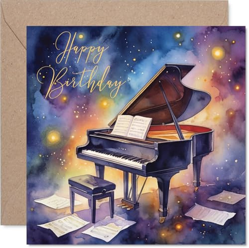 Heartfelt Birthday Card, Striking Cosmic Piano Scene for Music Lovers | Artistic Galaxy Birthday Design, Touch of Elegance in Every Note, 145mm Square, Envelope Included