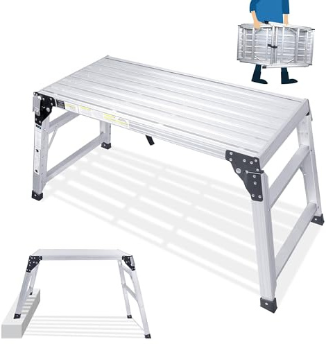 ORIENTOOLS Adjustable Work Platform, (39.4 X 18.5) Portable Folding Aluminum Step Ladder, Scaffolding Platform of Capacity 330 LBS Heavy Duty, 7 Gear Adjustable Height 24 to 35 inches
