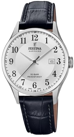Festina Swiss Made Herrenuhr Analog Leder Schwarz - Quarz Datum - Saphirglas, Wasserdicht 10 ATM Elegant - F20007/1 Classic Leather