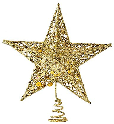 Molinter punta per albero di Natale, punta per albero di Natale, punta in metallo con glitter, albero di Natale, stella di Natale, decorazione per albero di Natale (oro, 15 cm)