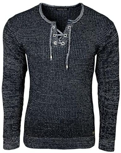 Subliminal Mode - Pull Over Homme Col Arrondi avec Cordon de Serrage Chic et Tendance Tricot Hiver en Maille Chiner Idée Cadeau Noel BX52132 Noir XL