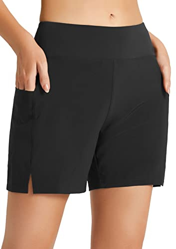 baleaf Swim Shorts Women High Waisted 5 Inch Tummy Control Bathing Suit Bottoms Swimming Shorts Quick Dry with Pockets Black M
