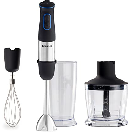 Taurus Batidora de mano con 1000W de potencia, 20 velocidades, función Turbo, diseño anti salpicaduras, cuchillas de acero inoxidable de 4 filos, accesorios picador, vaso medidor y emulsionador