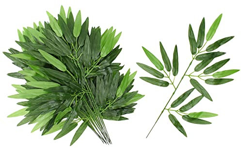HUIANER 20 hojas de bambú artificiales, bambú verde falso con tallo largo, planta verde para hotel, hogar, estante de pared, granja, bosque, decoración de viento