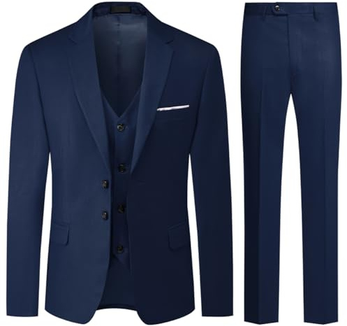Allthemen Traje de Hombre de 3 Piezas de Ajuste Delgado con un Solo Pecho de Dos Botones Traje de Esmoquin de Boda Chaqueta Chaleco Pantalones Azul Marino XL