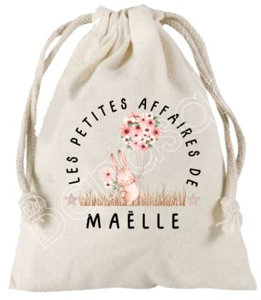 Grande Pochette à liens coulissants personnalisée au prénom de votre choix 100% coton 25X30 cm pour enfants, doudou, crèche