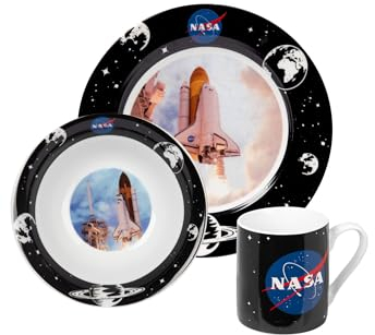 United Labels NASA Lot de 3 pièces de vaisselle en porcelaine avec assiette Ø 19 cm, tasse 220 ml et bol 330 ml Noir/bleu