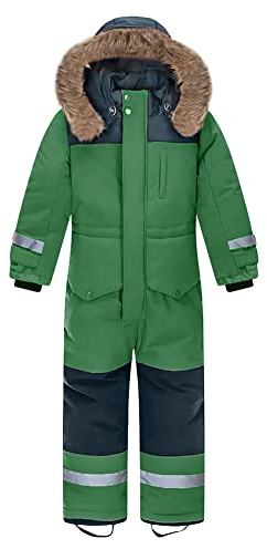 L SERVER Kinder Skianzug Jungen mit Kapuze Winddichte Wasserdichte Schneeoverall Mädchen Warmer Schneeanzug Dickere Skioverall mit Reflektierenden Streifen, Grün, 122-128