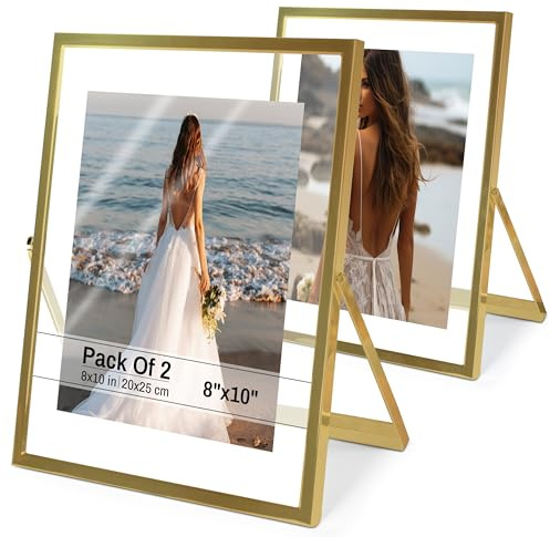 Azour Gold Floating Frame 8x10 Gold Frame (2 Set) Floating Picture Frame - Wedding, Decor, Display Memories - Fit 5x7, 6x8, 7x9, 8x10