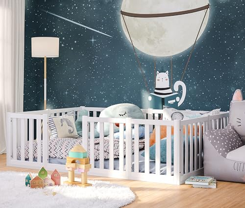 Bellabino Tapi Bett 140x200 cm, Kinderbett mit extra hohem Rausfallschutz, inklusive Lattenrost, Montessori Bodenbett für Jungen und Mädchen aus Kiefer Massivholz, weiß lackiert, Bed