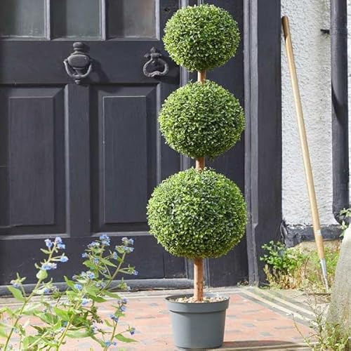 Garden Mile® Trio di arte topiaria artificiale, 120 cm, pianta finta in vaso, grande albero rotondo in vaso per piante, decorazione da giardino con vaso, cespuglio di palle di bosso finto