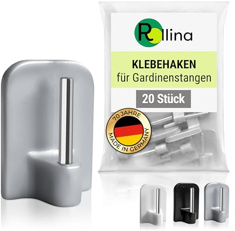 Rollina Klebehaken für Scheibengardinen (20 Stück) | Gardinenhaken für Gardinenstange ohne Bohren | Haken zum Einhängen | Fensterhaken, Gardinenhalter (20, Grau)