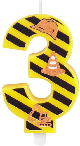 Zolunu Vela de Cumpleaños con Temática de Construcción, Decoraciones para Tarta de Cumpleaños de Construcción para Niños, Vela Número 3, Vela de Cumpleaños con Rayas Amarillas y Negras para