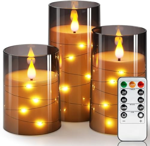 Homemory Flameless Candles Flickering with String Lights, Fairy Lights LED Candles, Electric Candle with Remote Control and Timer, Battery Operated Candle, Grey, Acrylic, Set of 3