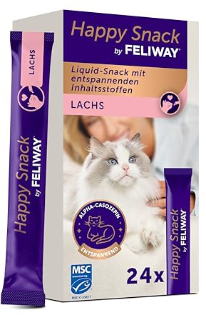 Happy Snack by FELIWAY - Boîte de 24 Sticks au goût Saumon. Relaxez Votre Chat Autour d'un Moment de complicité Présenté sous Forme de friandise onctueuse.