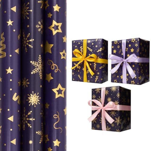 Papel de envoltura de regalo de oro azul de 3 rollos, impresión de papel de envoltura de 43cm * 3M con estrella y copo de nieve para Navidad, cumpleaños, decoración de regalo de fiesta del festival