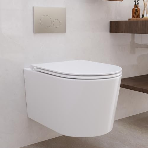 DeerValley Wall Hung Toilet Rimless, Dual Flush 1.1/1.6 GPF Back to Wall, Bathroom WC Cloakroom Ceramic Toilets, Wall Mounted Elongated Bowl WC, Low Noise White 53cm Long