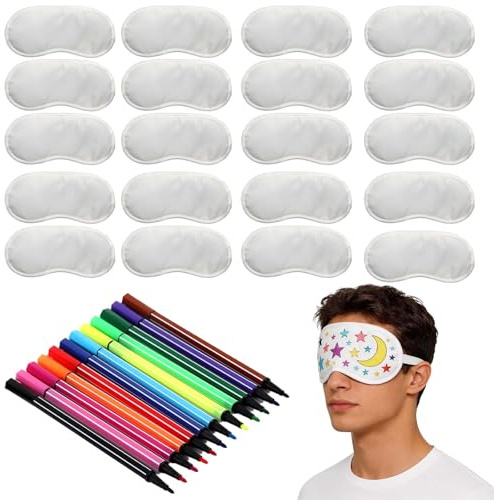 Sovmask barnset, 20 stycken, gör-det-själv målningsset flickor, övernattningsfest, 18,5 x 8,5 cm, vitt, pysselset med 12 färgpennor för barnfödelsedag, pyjamasfest, kreativt spel