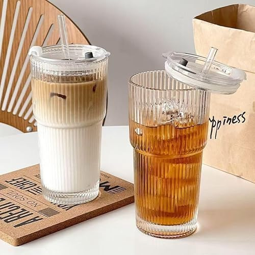 BUOAZR Juego de 2 600ml Vaso de Vidrio con Tapa y Pajitas y Cepillo de Cristal, Diseño de Rayas Verticales, Taza de Agua Sello, Tazas de Café Helado, Taza de Viaje de Vidrio pare Café (6, Grande)