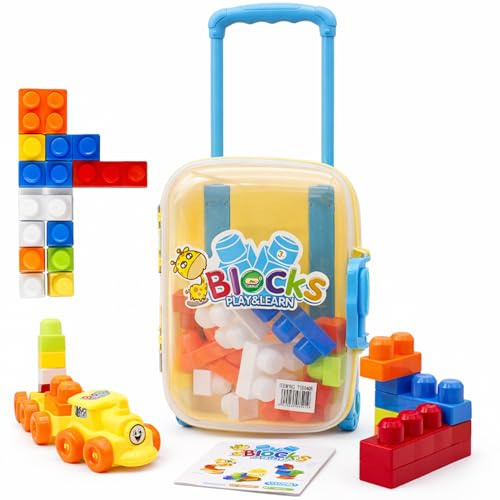 AMATOYS Bloques de Construcción - Set de 36 Bloques Grandes - Método Montessori - Maleta con Ruedas y Asa para Transportar - Juego Educativo Didáctico para Niños y Bebés +3 Años (Azul)