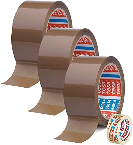 tesa 3 Rollen Klebeband Braun 64014 - Paketband 50 mm x 66 m - Paketklebeband leise abrollend + Gratis tesaFILM [15mm x 10m]