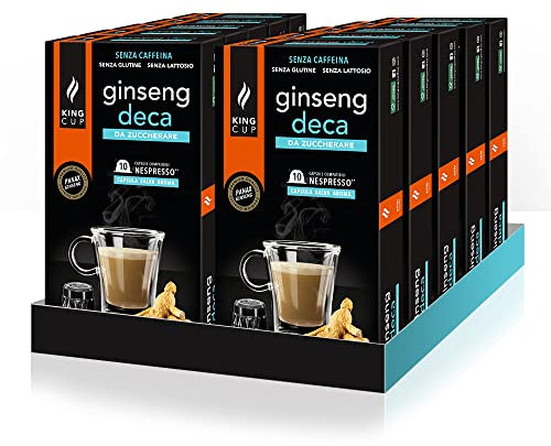 King Cup - 10 Confezioni da 10 Capsule di Ginseng Deca da Zuccherare, 100 Capsule 100% Compatibili con Sistema Nespresso di Bevanda al Gusto di Ginseng, Senza Glutine e Senza Lattosio
