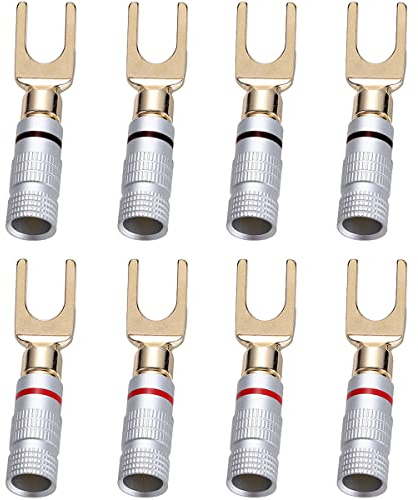 Greluma 8 Stk 24 Karat Gold Y-Stecker U-Gabel Bananenstecker 45-Grad Schraub Spaten Anschluss für Lautsprecher Kabel DIY, Korrosionsbeständig, 4 Schwarz und 4 Rot