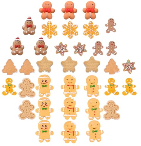 SUNNYCLUE 1 Boîte 36 Pcs 12 Styles Thème de Noël Cabochons en Résine Flatback Bonhomme de Pain D'Épice Biscuits Arbre Bonhomme de Neige Flocon de Neige Ornements Charmes pour Fabrication de Cartes