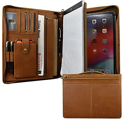 Calfinder Schreibmappe A4, Business Organizer Ledermappe, Konferenzmappe Leder mit a4 Klemmbrett/Reißverschluss, Dokumentenmappe, Aktenmappe, Tablet Mappe für iPad Pro 12.9, Braun