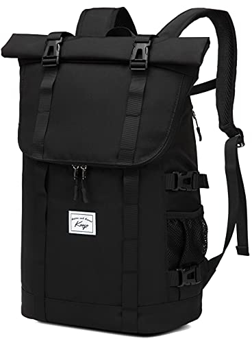 Kasgo Laptop Backpack for Men, Water Resistant 17 inch Vintage Rucksack, Roll Top Business Backpack College School Student Casual Daypack for Women Teenagers Boys Girls Travel Work Hiking, Black