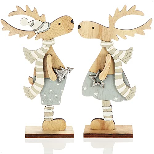 com-four® 2X Expositores Decorativos para Navidad - Reno de Madera para Dejar - expositores navideños para Decorar (Reno XL - Azul + Plata)