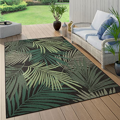 Paco Home Tapis Exterieur Terrasse Salon Cuisine Motif Palmiers Jungle Motif Fleuri Motif Boho Vert, Dimension:120x170 cm, Couleur:Noir