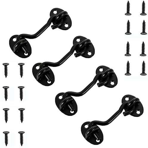 VENGABY 4 Stück Sturmhaken Kabinenhaken mit öSe, Edelstahl TüRhaken Fensterhaken, Sturmhaken für SchwingtüR Holz, FensterläDen Holz,Scheunentor Gartentor Riegel mit Montage (Schwarz, 3 IN)