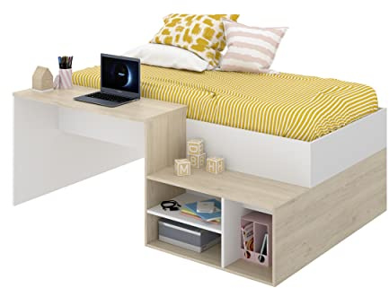 DEKIT GRUPO RIMOBEL KRIC Escritorio, Melamina, Roble Natural y Blanco, Cama Individual