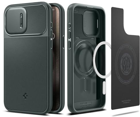 Spigen Optik Armor MagFit Hülle Kompatibel mit iPhone 15 Pro Kompatibel mit MagSafe -Abyss Green