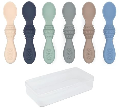 Elk and Friends Silicone Baby Spoons | Travel Case Included | First Stage Infant Toddler Spoon | Baby Led Weaning Stage | Dishwasher Safe | 6 Pieces