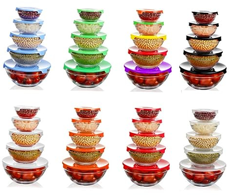 BESTonZON 5pezzi Ciotole Di Vetro Per Insalata Con Coperchio Set Di Contenitori Per Alimenti Resistenti Al Calore Adatti Forno e Microonde Diverse Dimensioni Per Ufficio Scuola e Picnic