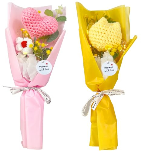 Tasnme Ramo de flores de ganchillo hecho a mano con tulipán y corazón con etiqueta y cuerda, ramo de flores de ganchillo para Navidad, día de San Valentín, día de la madre, cumpleaños, boda,