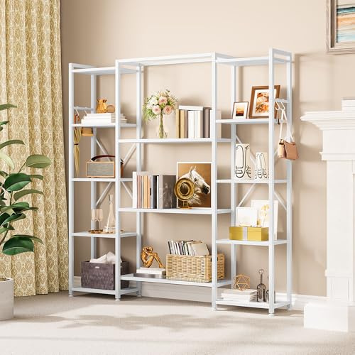 YITAHOME Bookcase, Industrial Book shelf with 13 Shelves Floor Standing Shelving Unit Wooden Shelf and Metal Frame Book Rack, Display Storage Rack for Living Room, Home Office, Pure White Bookshelf