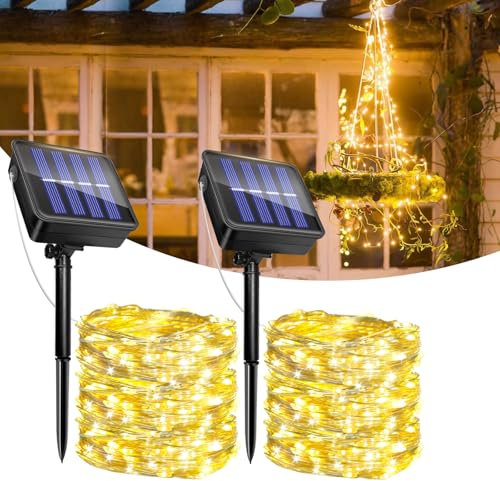 2 Pack Guirnaldas Luces Exterior Solar, 12M 120 LED Luces Solares Jardín, 8 Modos, IP65 Impermeables, Cadena de Luce Decoracion para Terraza, Fiestas, Bodas, Patio, Árbol, Jardines(Blanco Cálido)