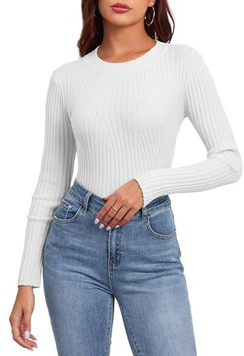 Famulily Ladies Classy White Sweater Jumpers Soft Ribbed Knit Long Sleeve Pullover Fall Winter Tops (S, White)