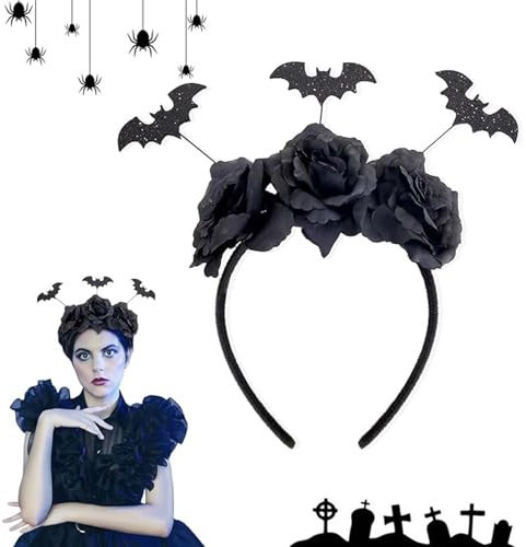 VIDSTW Halloween Femme Serre Tete, Halloween Decoration Bandeau Cheveux Femme avec Fleurs Noires et Chauve Souris, Decoration Halloween Headband Halloween Serre Têtes Halloween Fleur Serre Tete